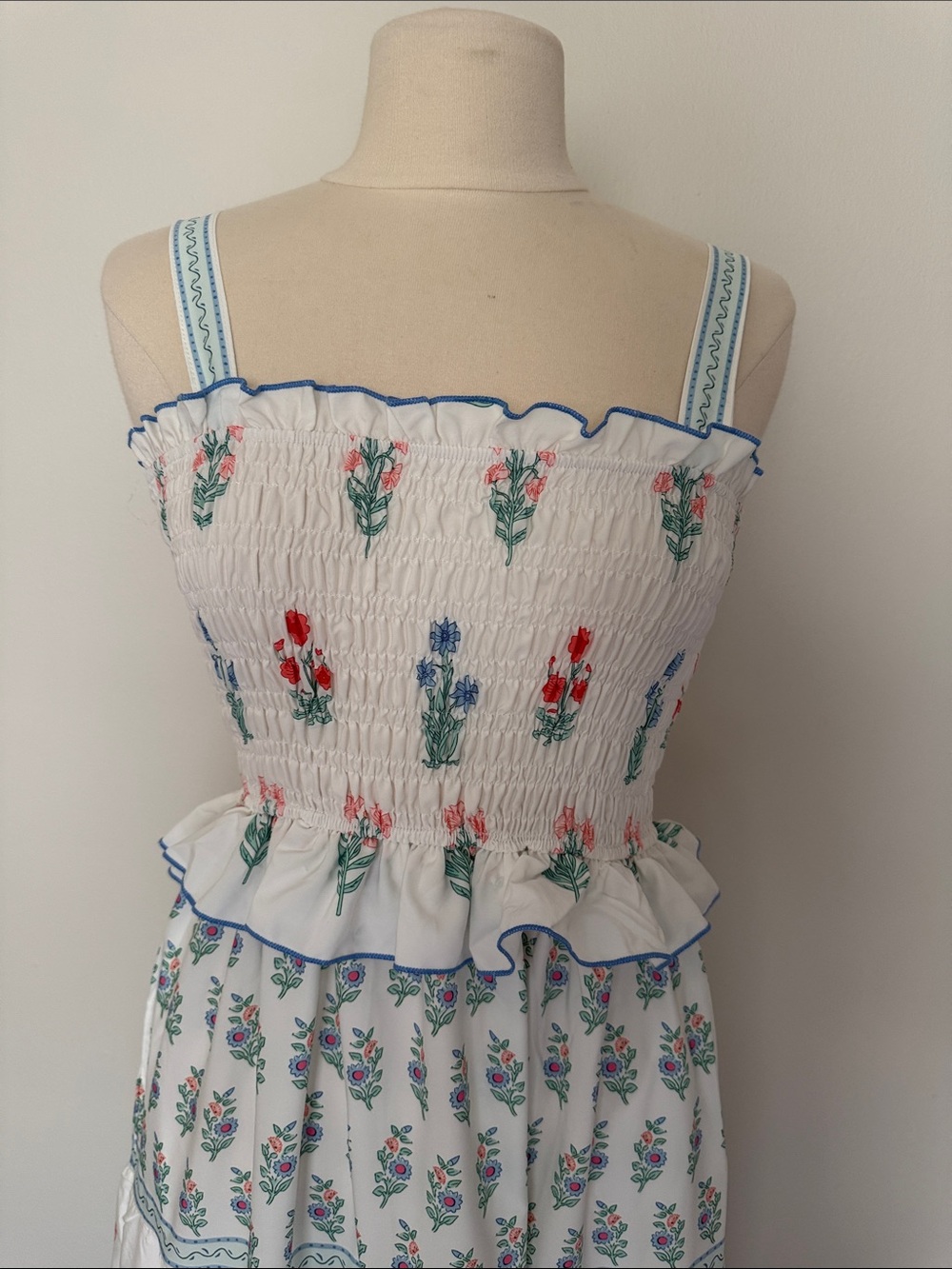 Source Unknown White Floral Smocked Maxi Dress with Blue and Pink Accents - Picture 2 of 7